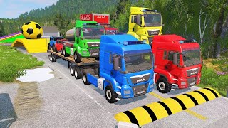 Double Flatbed Trailer Truck vs Speedbumps Train vs Cars  Tractor vs Train BeamngDrive 050 [upl. by Colwell743]