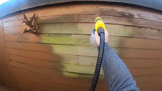 Cuprinol Ducksback being sprayed on a shed  thinned down 2 paint 1 water with Wagner fence sprayer [upl. by Silverman]