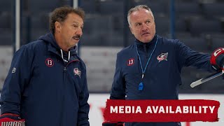 HC Dean Evason Kuraly Gudrbranson and Monahan on Guy Gaudreaus Practice Visit 💙❤️  Media Avail [upl. by Daus]