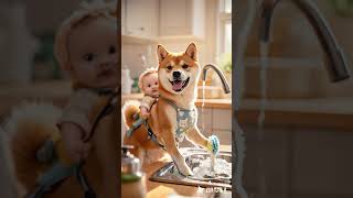 Puppy is doing the housework and taking care of the children puppy baby housework [upl. by Henghold]