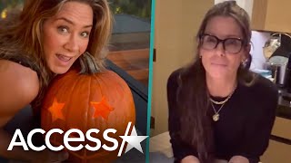 Jennifer Aniston Carves Pumpkins w Sandra Bullock At Home [upl. by Ellinehc]