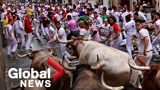 Spains Pamplona bull run returns in full force after 2year COVID hiatus [upl. by Cortie]