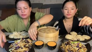 Pork Momo achar सिकुटी सॅग चाउमीन sukuti chowmein mukbang [upl. by Gyasi]