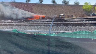 Fire burns at homeless camp along railroad tracks in downtown Las Vegas [upl. by Ninahs]