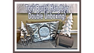 DOUBLE UNBOXING TORY BURCH ELLA METALLIC CHAIN SOFT TOTE BAG amp FLEMING CONVERTIBLE SHOULDER BAG [upl. by Lanaj]