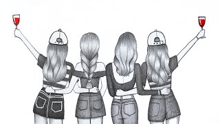 How to draw a Four Friend Pencil sketch  Step by Step drawing  Girls Friendship  Easy drawing [upl. by Ecnaled]