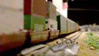 UP AC6000 Leads intermodal train on layout [upl. by Akemat]