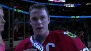 Jonathan Toews OT Goal vs Blues  Interview 040611 [upl. by Eniagrom541]