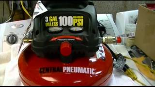 Harbor Freight  Central Pneumatic 3 Gallon Oilless Pancake Style Air Compressor Review [upl. by Kimmel132]