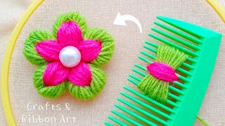 Super Easy Woolen Flower Making Trick Using Hair Comb  Hand Embroidery Amazing Flower Design [upl. by Edie]