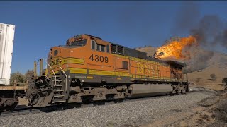 TRAIN ON FIRE BNSF RAILWAY DPU catches fire in Tehachapi Full Video with footage of firefight [upl. by Campos498]