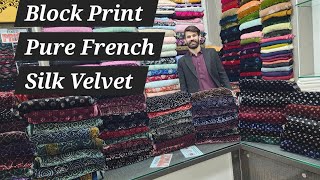 Block Printing Pure French Silk Velvet Dresses Most Demanding Article Fabric Sana Fabrics Pure Silk [upl. by Puglia]