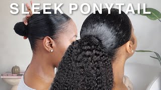 EASY Sleek Ponytail Tutorial On Natural Hair Using A Drawstring Ponytail  Junoda [upl. by Ahsaetal]