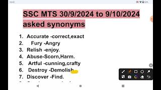 SSC MTS Asked repeated questions 18 shift ka Synonyms [upl. by Ronny]