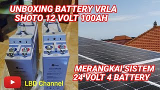 Unboxing battery VRLA 12V 100ah Cara merangkai battery PLTS 24 Volt 4 battery [upl. by Ellirpa]