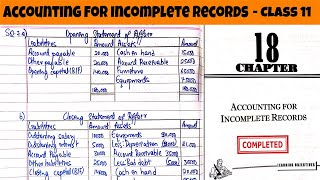 Class 11  Accounts  Accounting for Incomplete Records Exercise Solution  Chapter 18 Solution [upl. by Canotas]