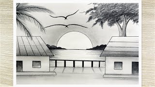 Sunset Landscape Drawing with pencil Pencil Drawing for Beginners step by step [upl. by Ellatsyrc]