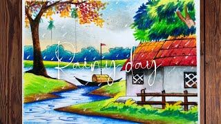 a rainy day scenery drawing একটি বর্ষার দিন ড্রয়িংগ্রামের দৃশ্য ড্রয়িংvillage scenery drawing [upl. by Huba]