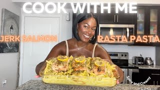 JERK SALMON  RASTA PASTA RECIPE Cooking Video [upl. by Earleen700]