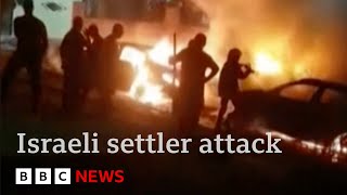 Israeli settlers burn Palestinian West Bank village in mass attack  BBC News [upl. by Reinold]