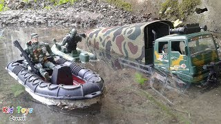 RC Truck To Pull A Military Truck From Deep Water amp Toys soldiers [upl. by Darrelle953]