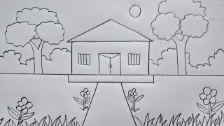 How to draw easy scenery  House drawing for kids  Easy scenery drawing [upl. by Laet136]