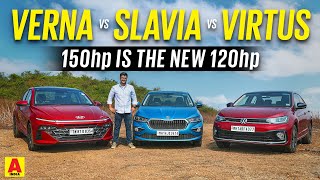 2023 Hyundai Verna vs Skoda Slavia vs Volkswagen Virtus  150hp is the new 120hp  Autocar India [upl. by Land691]