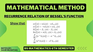 Recurrence Relations of Bessels Function with their proof  Mathematical Method [upl. by Atikahs]