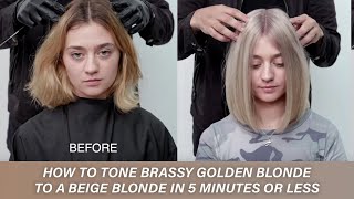 How to tone brassy golden blonde to a beige blonde in 5 minutes or less  Kenra Color [upl. by Percival]