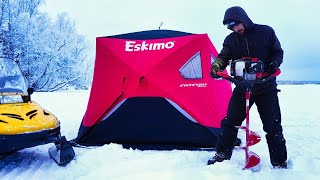 Overnight on a Frozen Lake  Ice Fishing Tent Camping [upl. by Adrea]