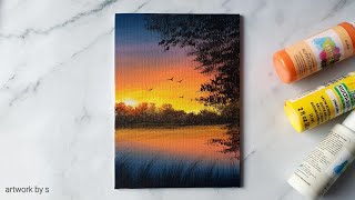 How to Draw a Sunset Lake  Easy Acrylic Painting Tutorial for Beginners  Mini Canvas Painting [upl. by Warrenne540]