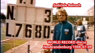 Gabriele Reinsch EastGermany WORLD RECORD discus 7680 meters Neubrandenburg 19880709 [upl. by Imalda]