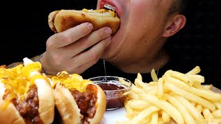 CHILI CHEESE DOGS WITH FRENCH FRIES ASMR [upl. by Kaye]