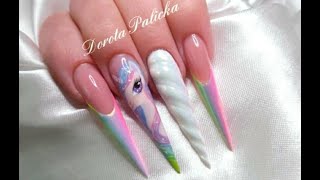 Stilletto Sculpted Gel With Unicorn Nail Art how to paint unicorn unicorn horn nails aurora nails [upl. by Hadias]