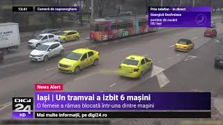 Accident în Iași Un tramvai a lovit șase mașini O femeie a fost descarcerată și dusă la spital [upl. by Blinny290]