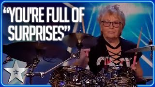 ROCKSTAR GRANNY shocks with incredible drumming  Unforgettable Audition  Britains Got Talent [upl. by Anawek]