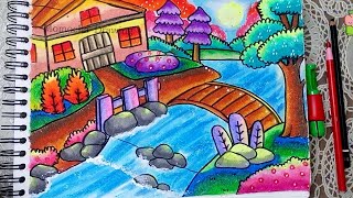 Cara Menggambar dan Mewarnai Pemandangan Alam Rumah Sungai Gradasi warna oil pastel [upl. by Oelc]