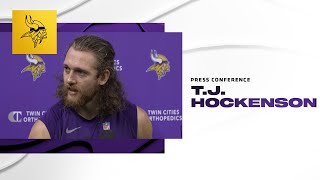 TJ Hockenson Talks Teams Strong Camaraderie amp Unique Skillsets of Vikings Tight End Group [upl. by Eiramalegna200]