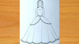 How to draw a girl with beautiful dress Barbie Drawing Easy girl drawing for beginners [upl. by Jollanta]