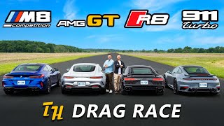 New AMG GT vs M8 Comp vs Audi R8 vs 911 Turbo  DRAG amp ROLL RACE [upl. by Nnave]