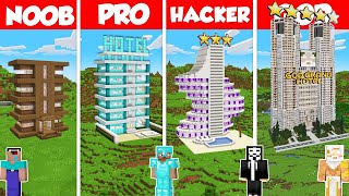 Skyscraper Hotel Build Battle Challenge  Noob vs Pro vs Hacker vs God  Minecraft Animation [upl. by Eydnarb]