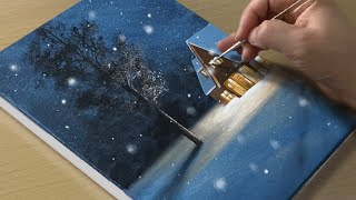 Painting a Snowy Winter Night  Acrylic Painting for Beginners [upl. by Efeek]