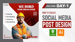 Social Media Post Design Tutorial challenge day 1  Instagram amp FB Post Design [upl. by Mata]