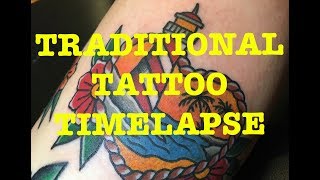 TRADITIONAL TATTOO TIMELAPSE  LIGHTHOUSE SCENE [upl. by Vachel670]