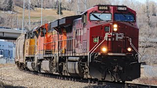 SUPER RARE CP Potash train with BNSF ES44AC and UP SD70ACET4 Near Calgary on the Laggan sub [upl. by Rossi]