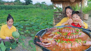 Fried Pumpkin With Big Squid Recipe  Eating Squid With My Son [upl. by Willy968]