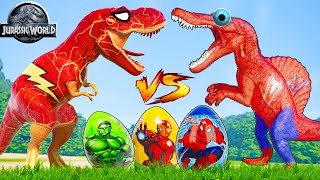 All Dinosaurs Fighting TRex vs One Spiderman TRex vs Other Big Colorful Dinosaurs in Jurassic World [upl. by Peppel560]