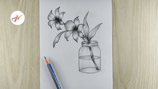 How to draw beautiful orchid flowers in a jar  Step by step pencil sketch drawing [upl. by Drye438]