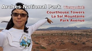 Arches National Park  Courthouse Towers La Sal Mountains and Park Avenue Viewpoints [upl. by Gundry]