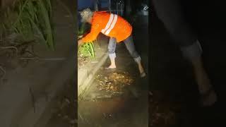 Activity With Work Remove Trash And Debris Clogged On Road Street At Night unclog flashflood [upl. by Marela759]